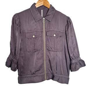 Hello Nite Los Angeles Brown Utility Jacket 3/4 Sleeve Full Zip Pockets Sz XS